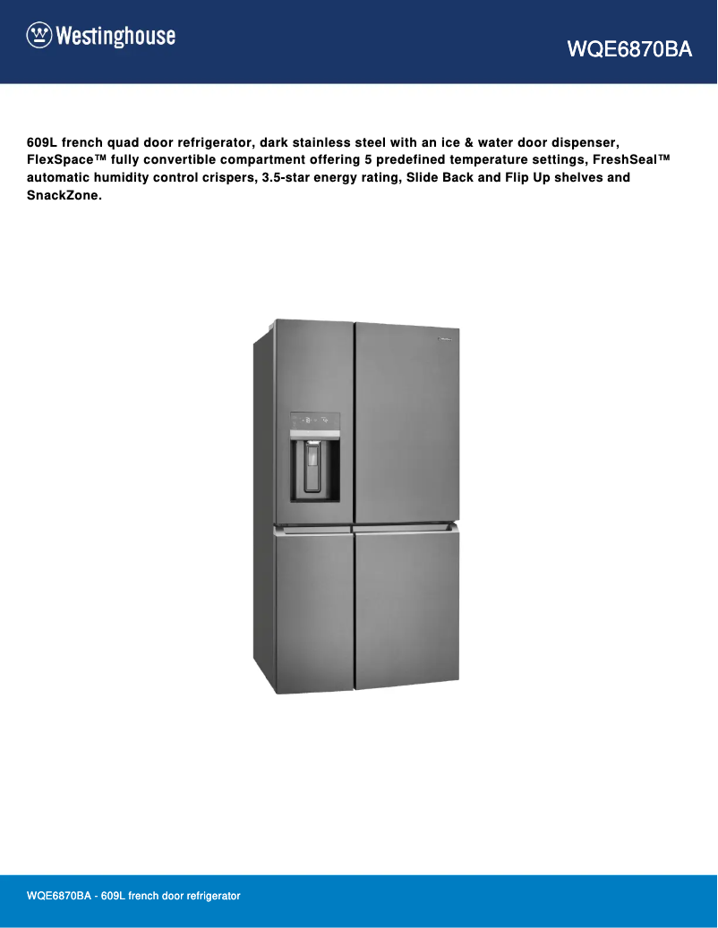 Page 1 de la notice Fiche technique Westinghouse WQE6870BA