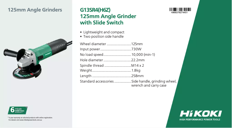 Page 1 de la notice Fiche technique HiKOKI G13SR4