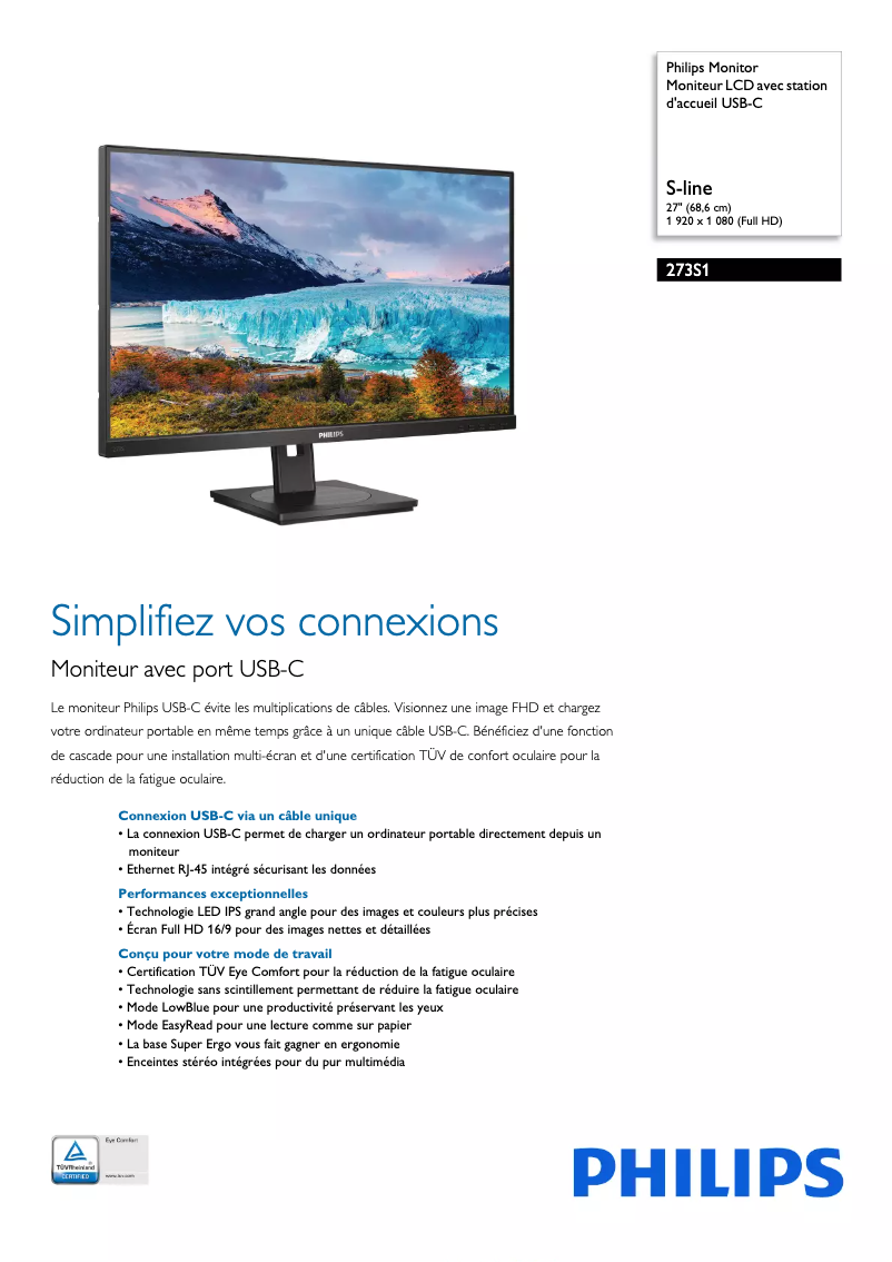Page 1 de la notice Fiche technique Philips 273S1
