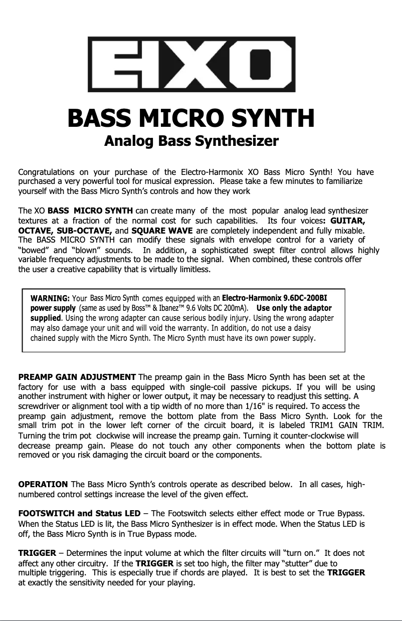 Page 1 of the manual User Manual Electro Harmonix Bass Micro Synth