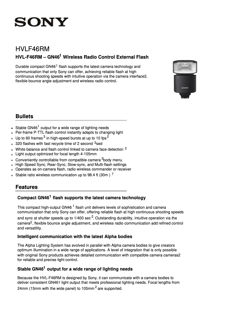 Page n°1 - Fiche technique Sony HVL-F46RM