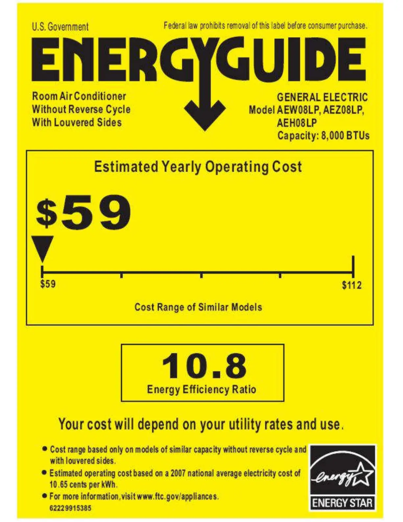 Page 1 de la notice Label énergétique GE AEW08LP