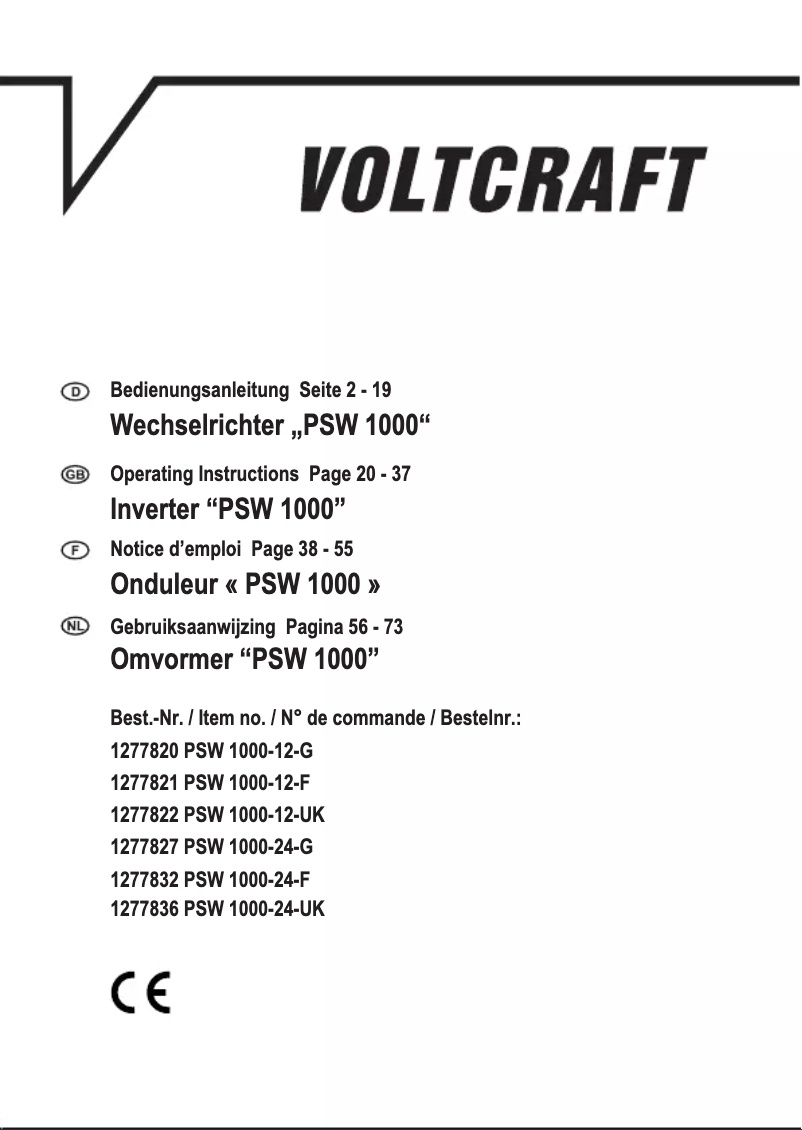 Page 1 de la notice Manuel utilisateur Voltcraft PSW 1000-12-G