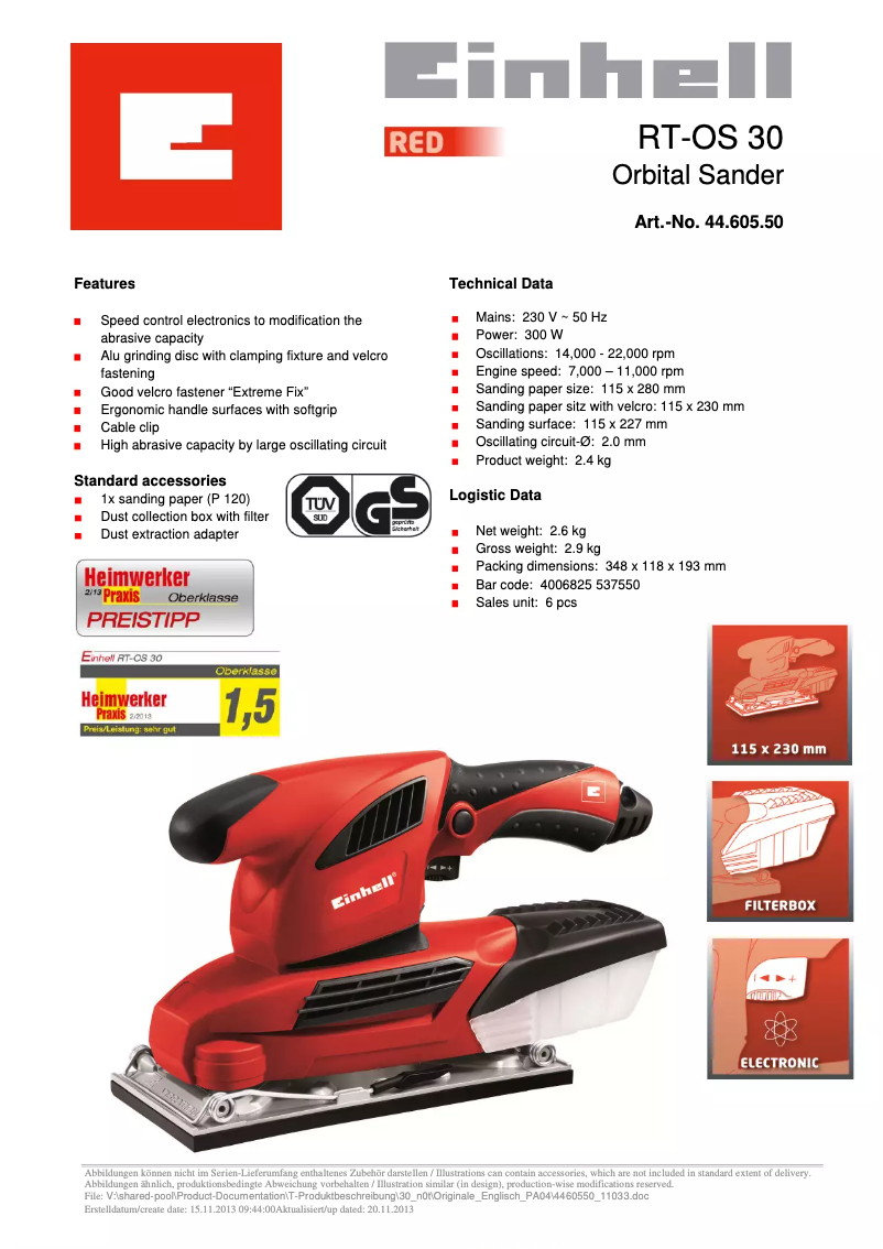 Page 1 de la notice Fiche technique Einhell RT-OS 30
