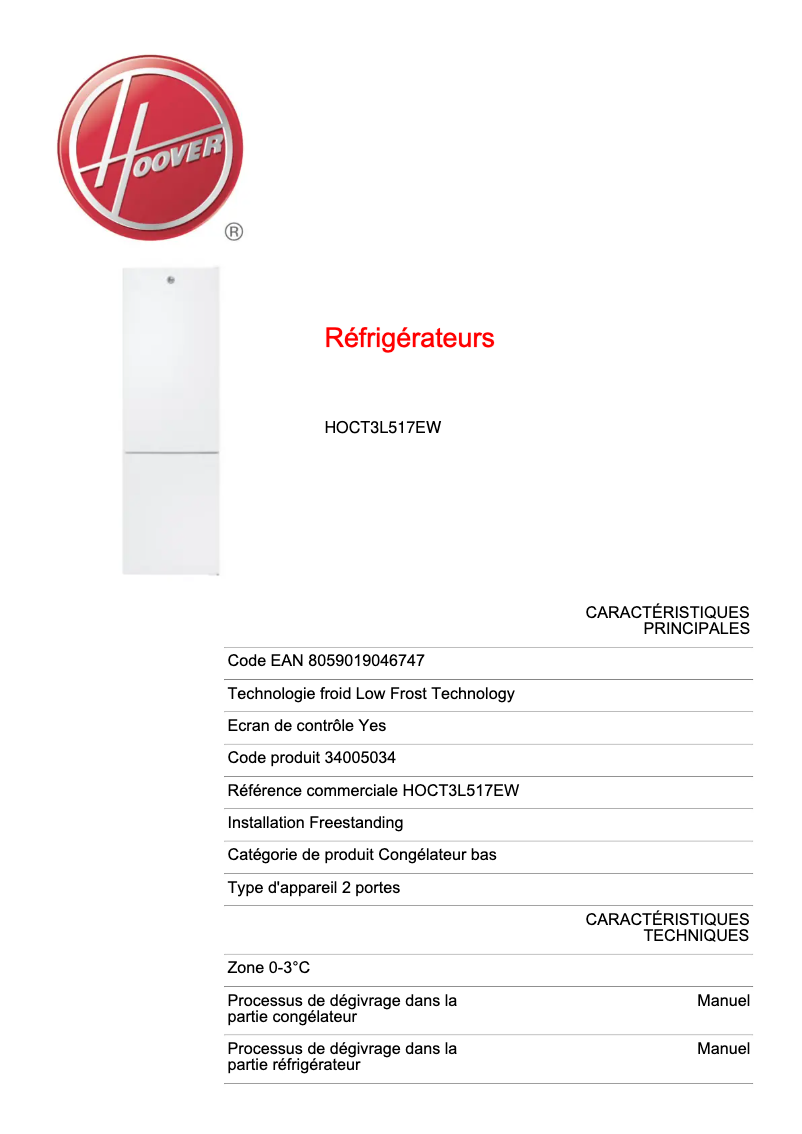 Page 1 de la notice Fiche technique Hoover HOCT3L517EW