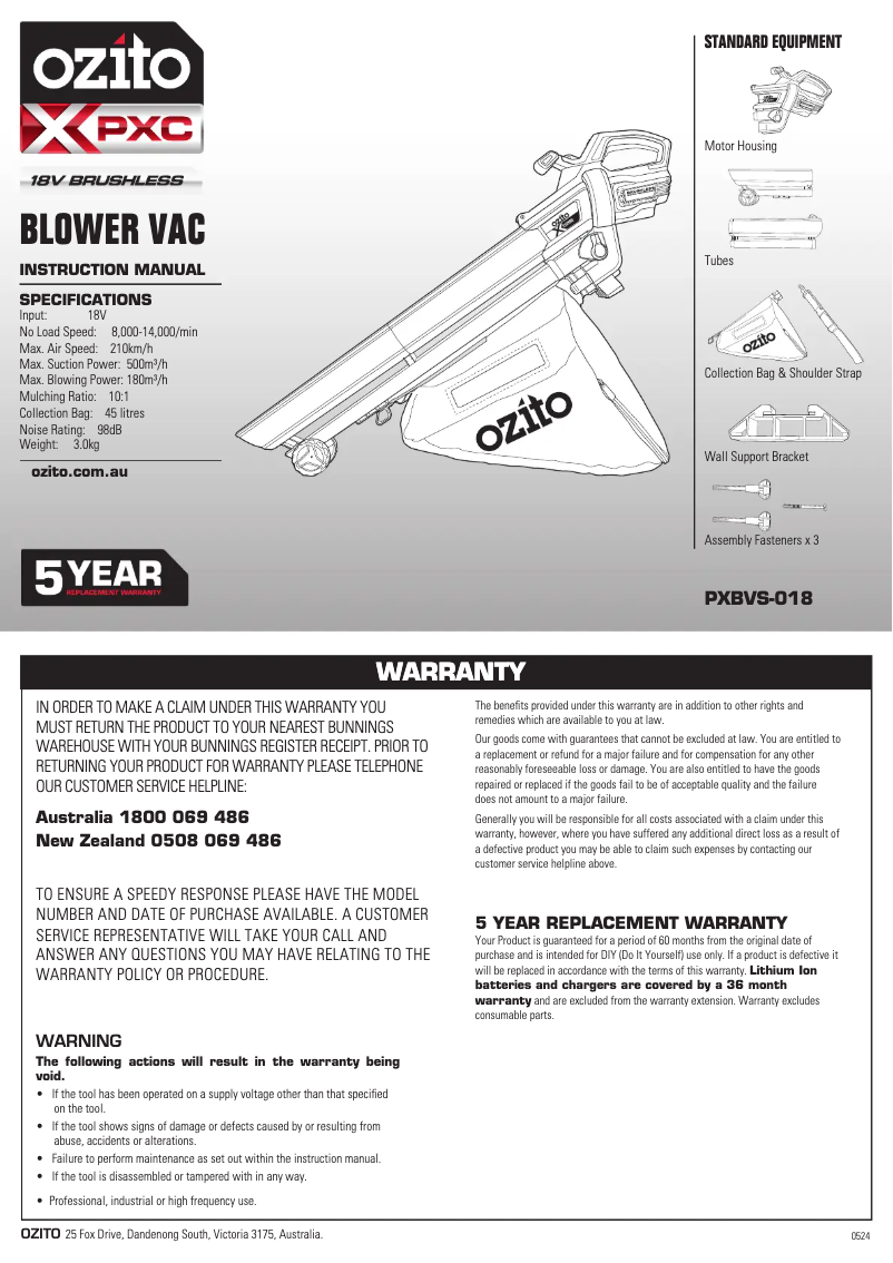 Page 1 de la notice Manuel utilisateur Ozito PXBVS-018