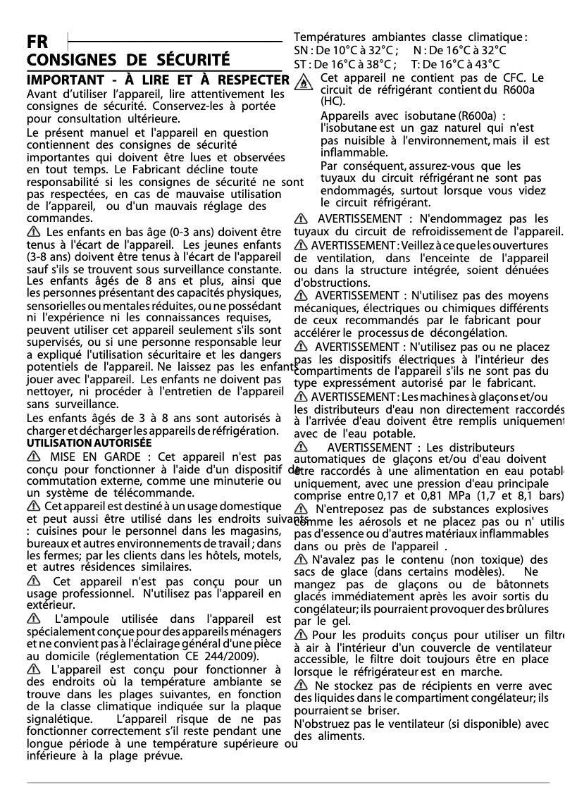 Page 1 de la notice Instructions de sécurité Whirlpool ART 66102