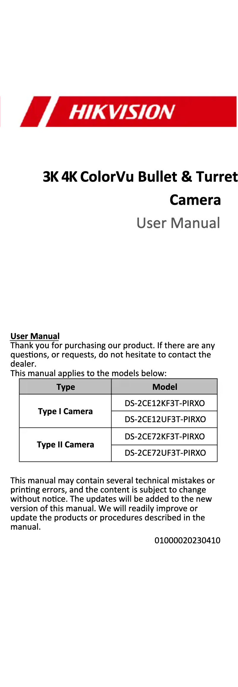Page 1 de la notice Manuel utilisateur Hikvision DS-2CE12UF3T-PIRXO