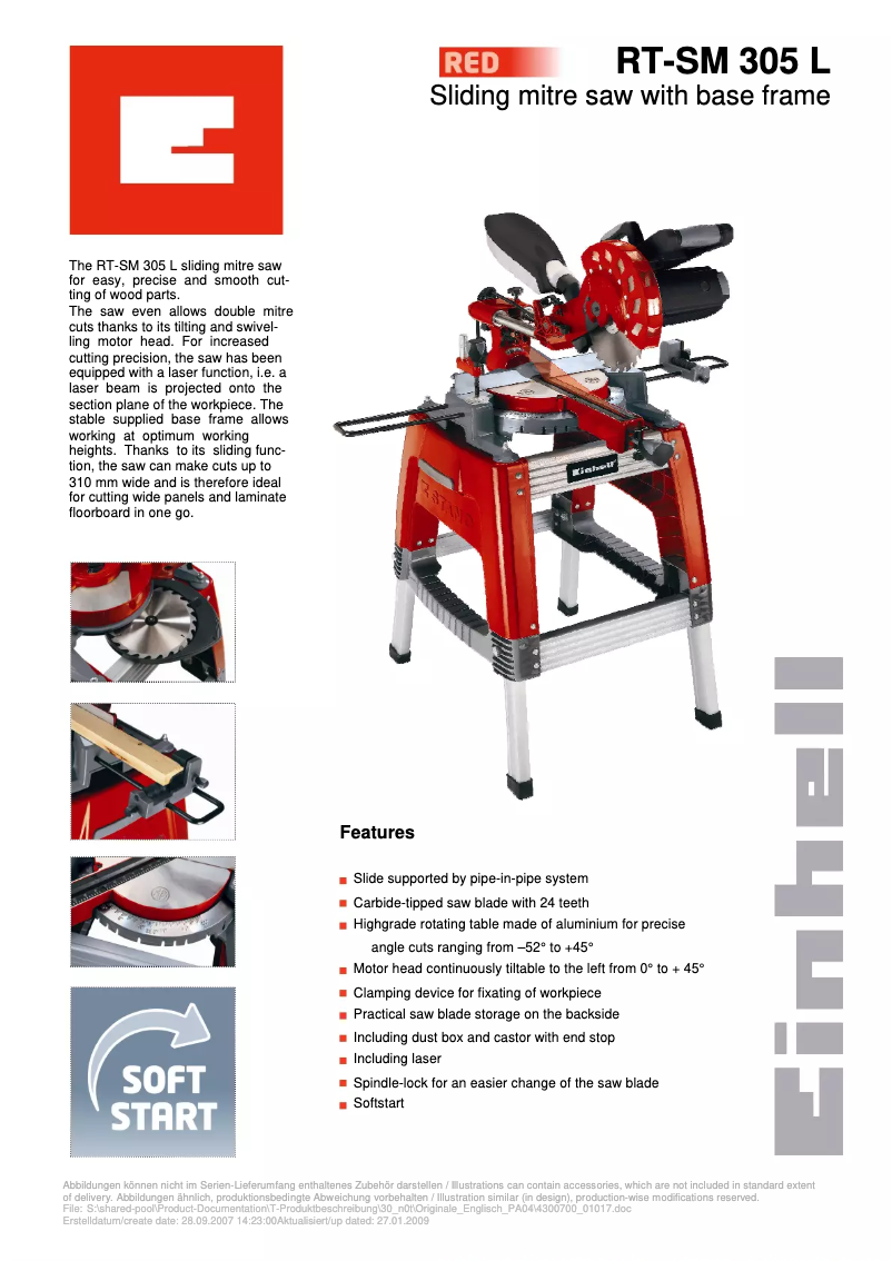 Page 1 de la notice Fiche technique Einhell RT-SM 305 L
