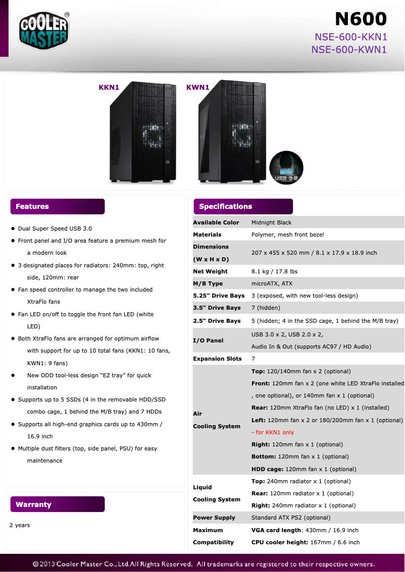 Page 1 de la notice Manuel utilisateur Cooler Master N600