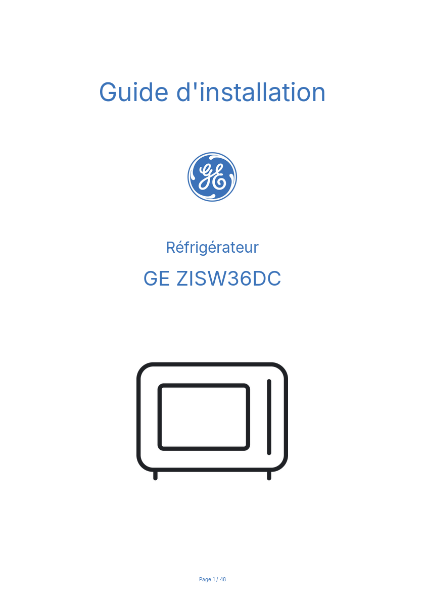 Page 1 de la notice Guide d'installation GE ZISW36DC