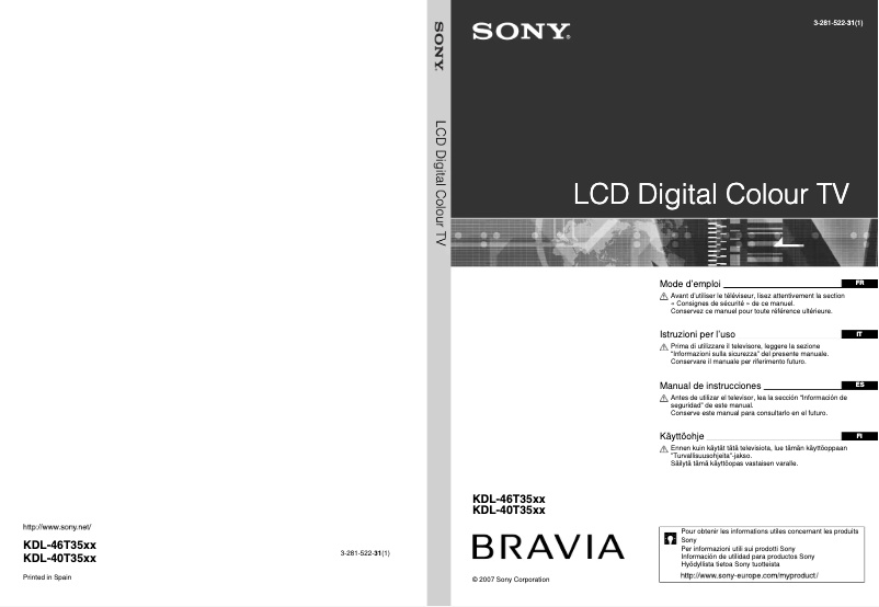 Page 1 de la notice Manuel utilisateur Sony Bravia KDL-40T3500