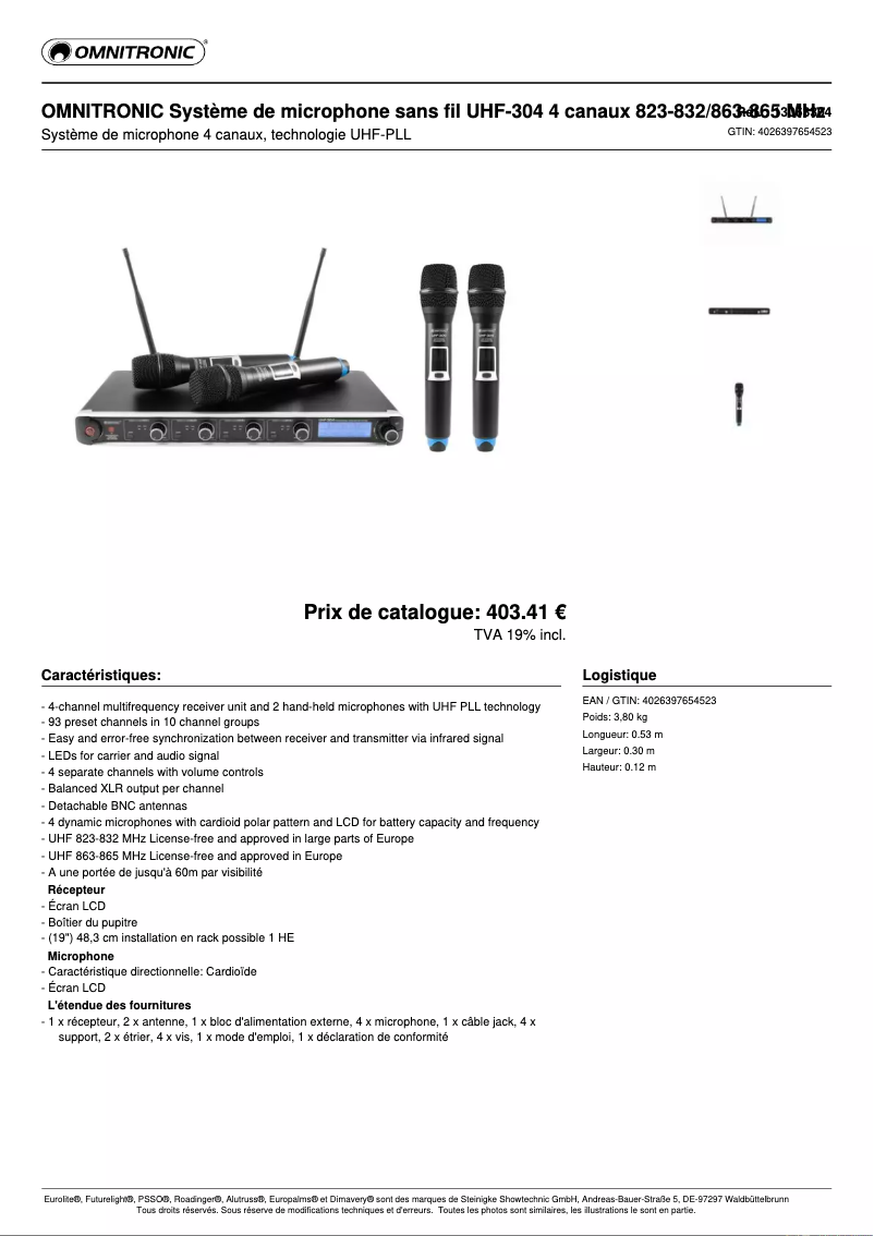 Page 1 de la notice Fiche technique Omnitronic UHF-304