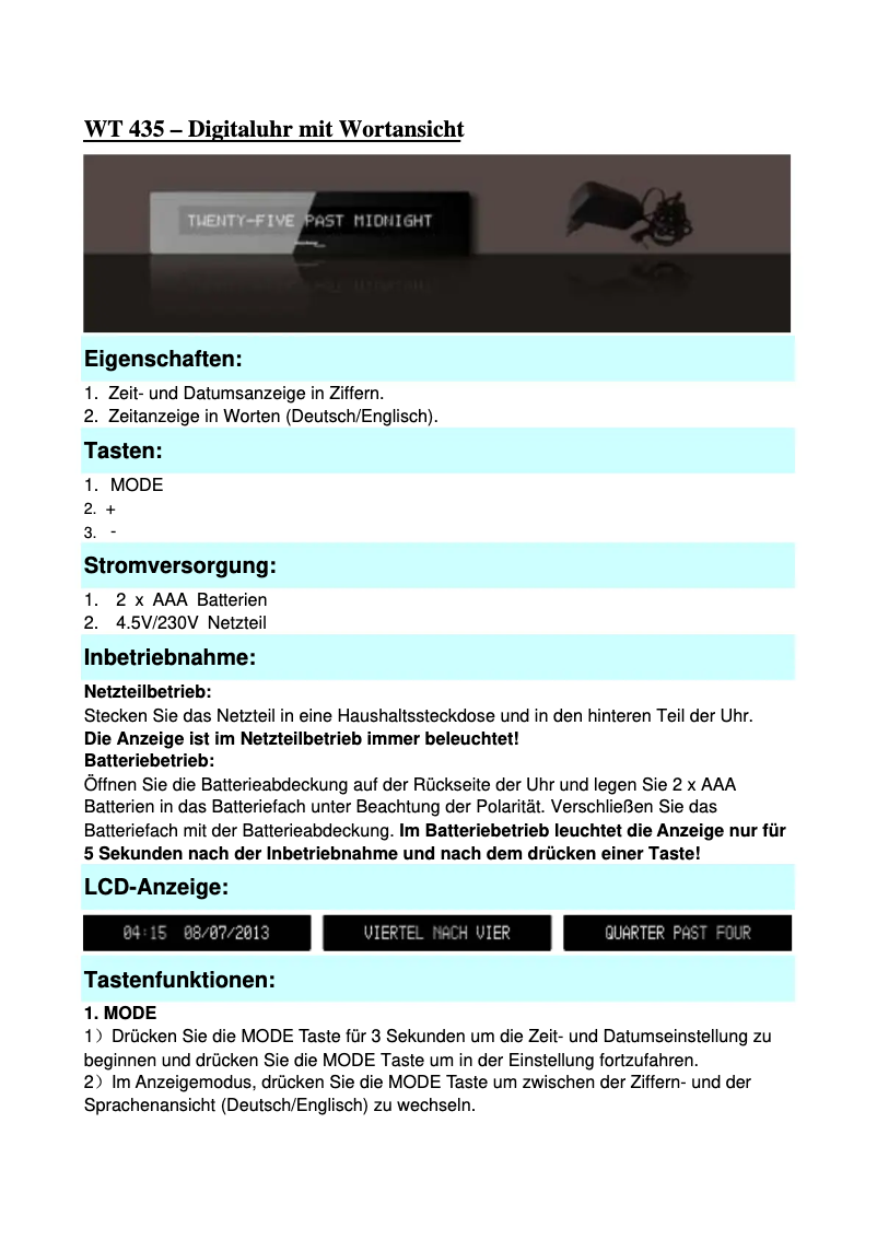 Page 1 de la notice Manuel utilisateur Techno Line WT 435