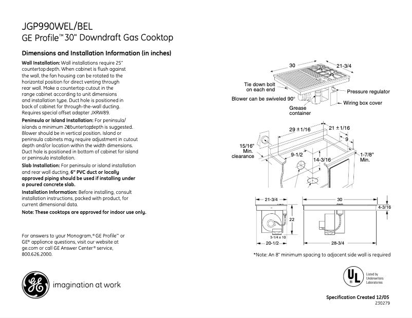 Página 1 del manual Ficha técnica GE Profile JGP990BELBB