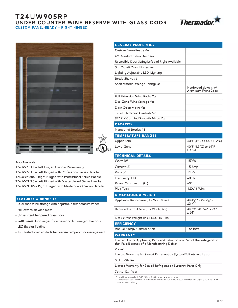 Page 1 de la notice Fiche technique Thermador T24UW905RP