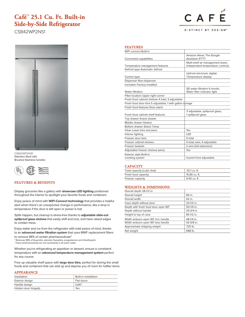 Page 1 of the manual Technical Sheet GE CSB42WP2NS1