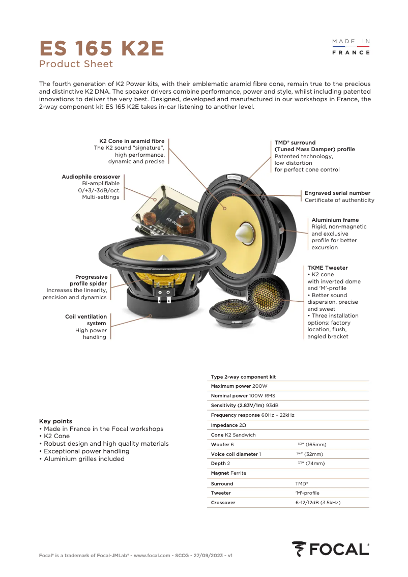 Page 1 de la notice Fiche technique Focal ES 165 K2E