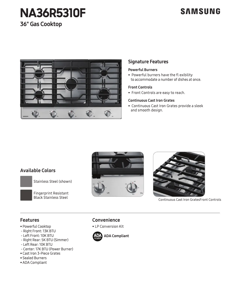 Page 1 de la notice Fiche technique Samsung NA36R5310FS