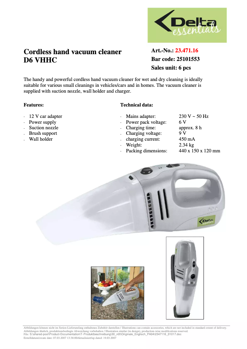 Page 1 de la notice Fiche technique Delta D6 VHHC