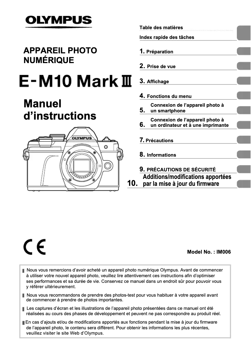 Page 1 de la notice Manuel utilisateur Olympus E‑M10 Mark III