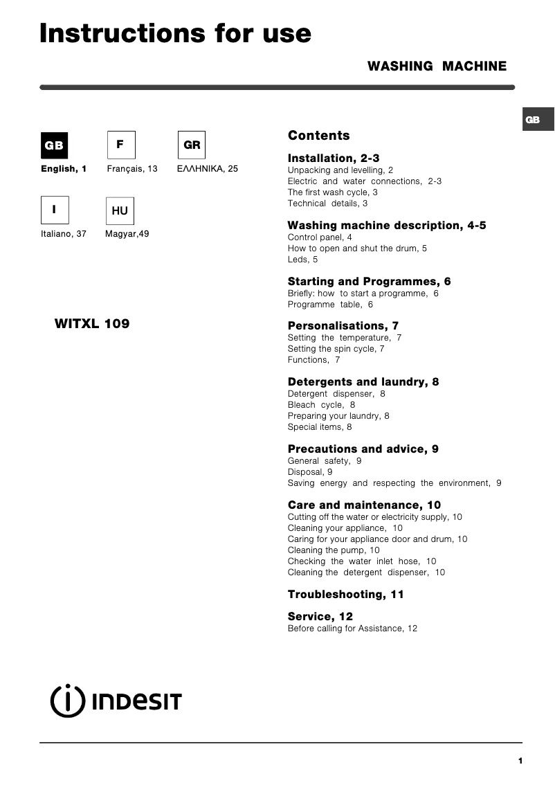Page 1 de la notice Manuel utilisateur Indesit WITXL 109