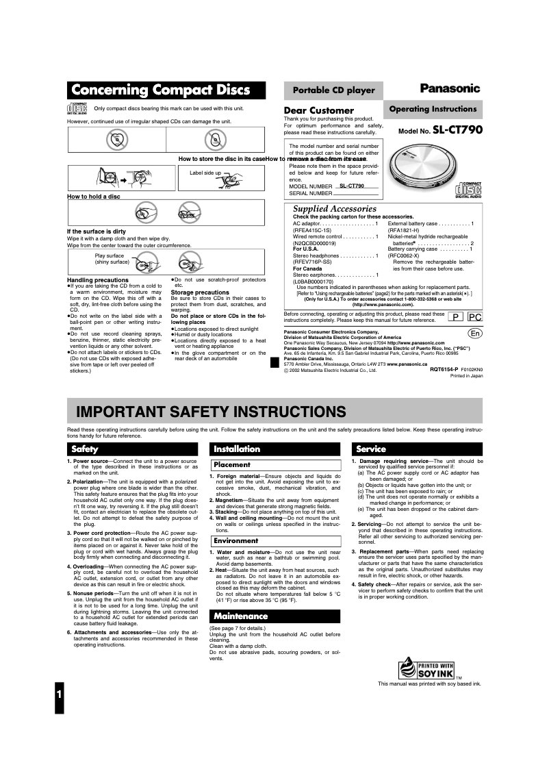 Page 1 de la notice Manuel utilisateur Panasonic SL-CT790