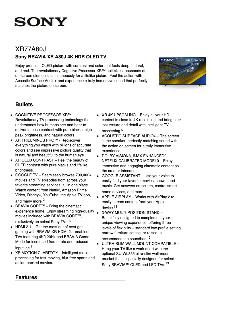 Page 1 de la notice Fiche technique Sony Bravia OLED XR-77A80J