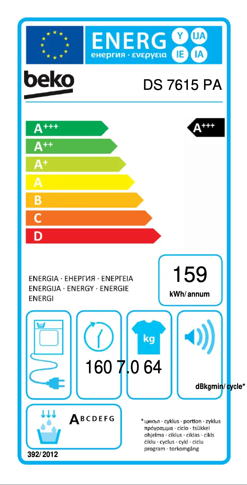 Page 1 de la notice Label énergétique Beko DS 7615 PA