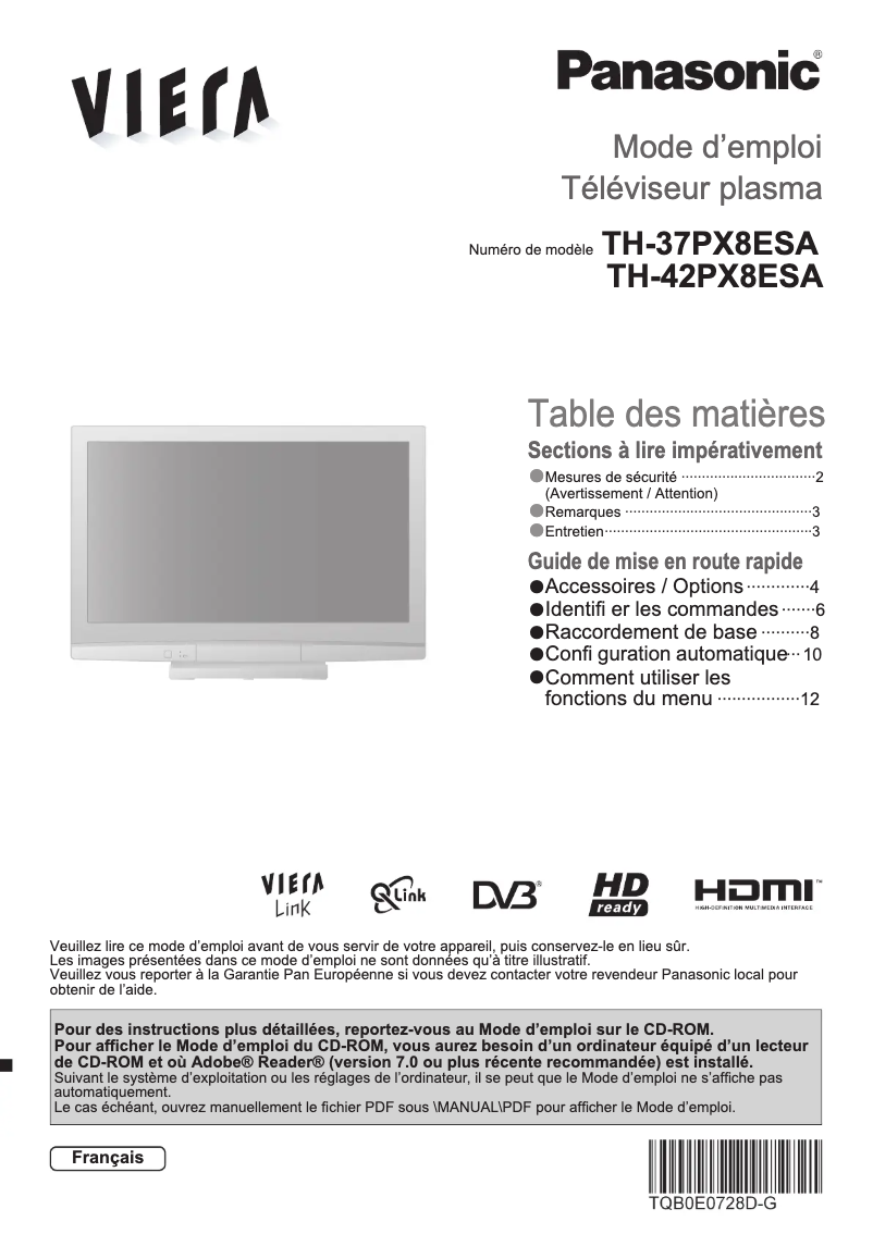 Page 1 of the manual User Manual Panasonic Viera TH-37PX8ESA
