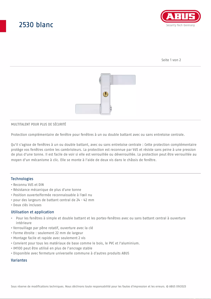 Page 1 de la notice Fiche technique Abus 2530