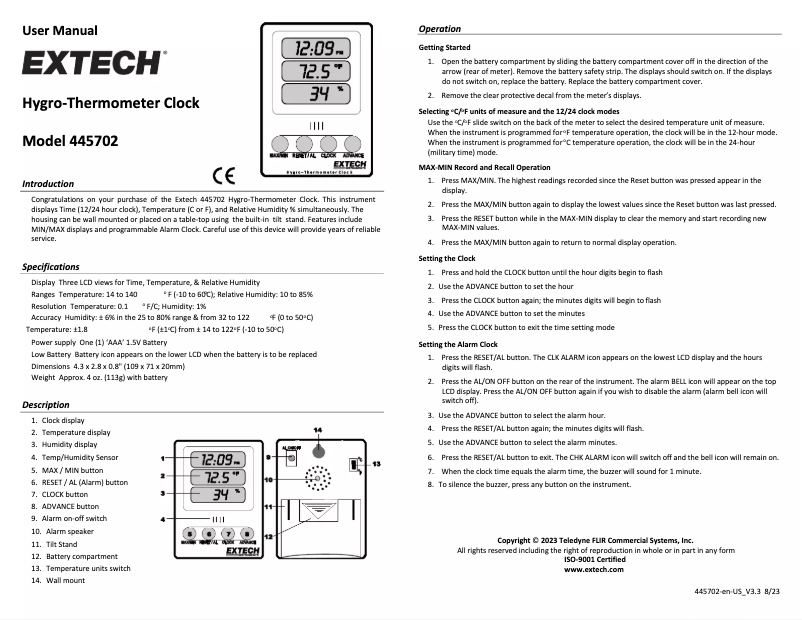 Page 1 de la notice Manuel utilisateur Extech 445702