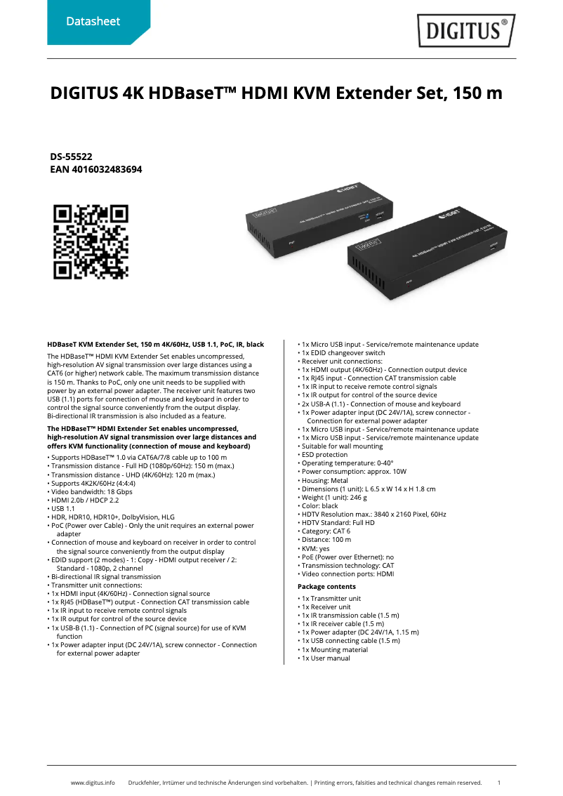 Page 1 de la notice Fiche technique Digitus DS-55522