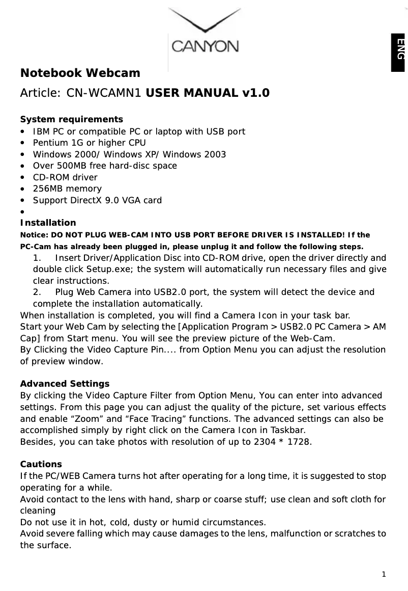 Page 1 de la notice Manuel utilisateur Canyon CNP-WCAMN1