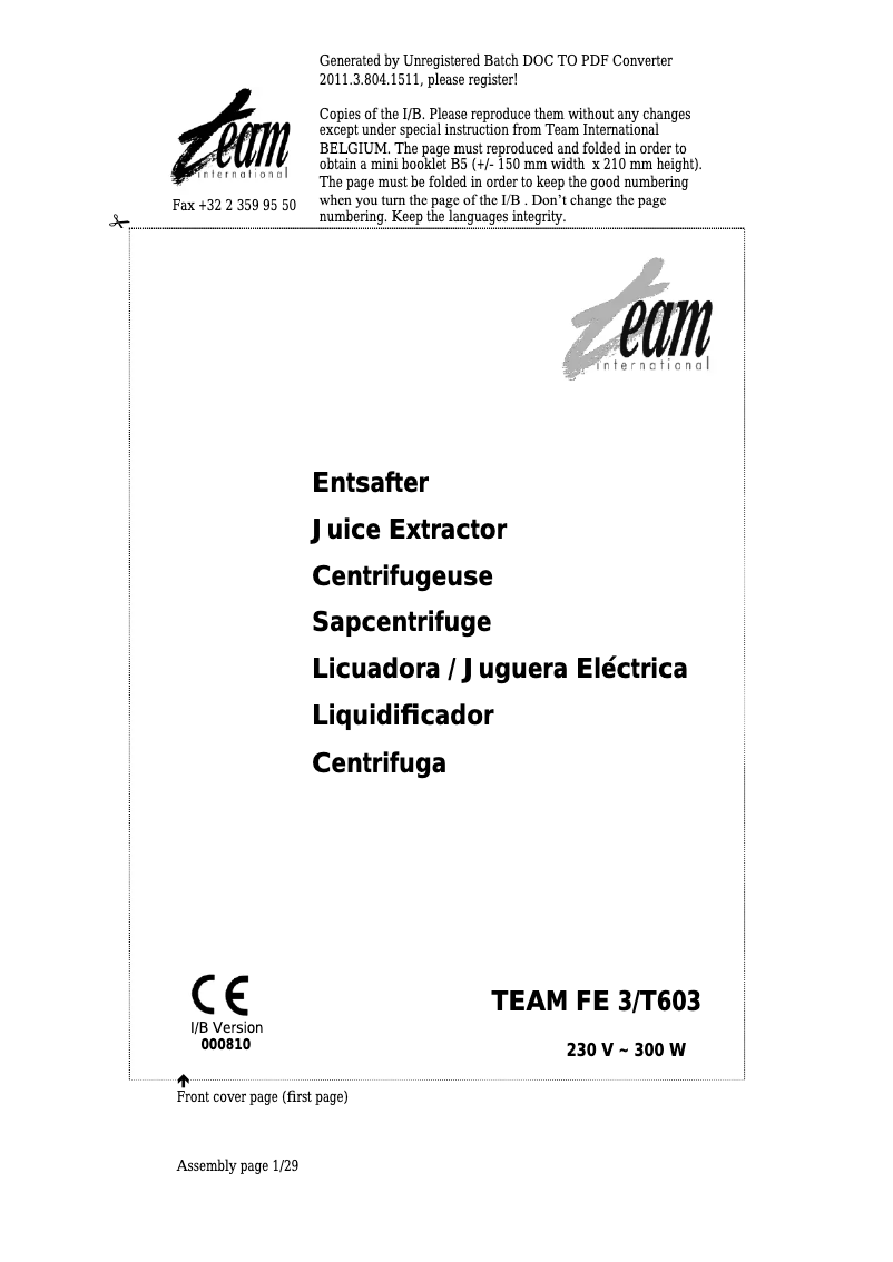 Page 1 de la notice Manuel utilisateur Team FE 3