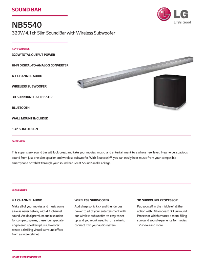 Page 1 de la notice Fiche technique LG NB5540