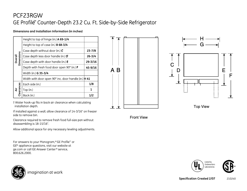 Page n°1 - Fiche technique GE Profile PCF23RGWWW