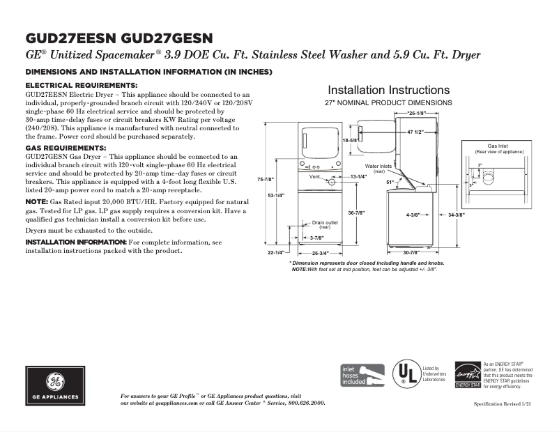 Página 1 del manual Ficha técnica GE GUD27EESNWW
