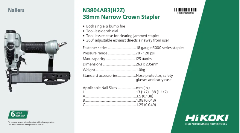Page 1 de la notice Fiche technique HiKOKI N3804AB