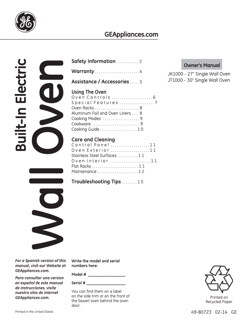 Page 1 de la notice Mode d'emploi GE JK1000DFBB