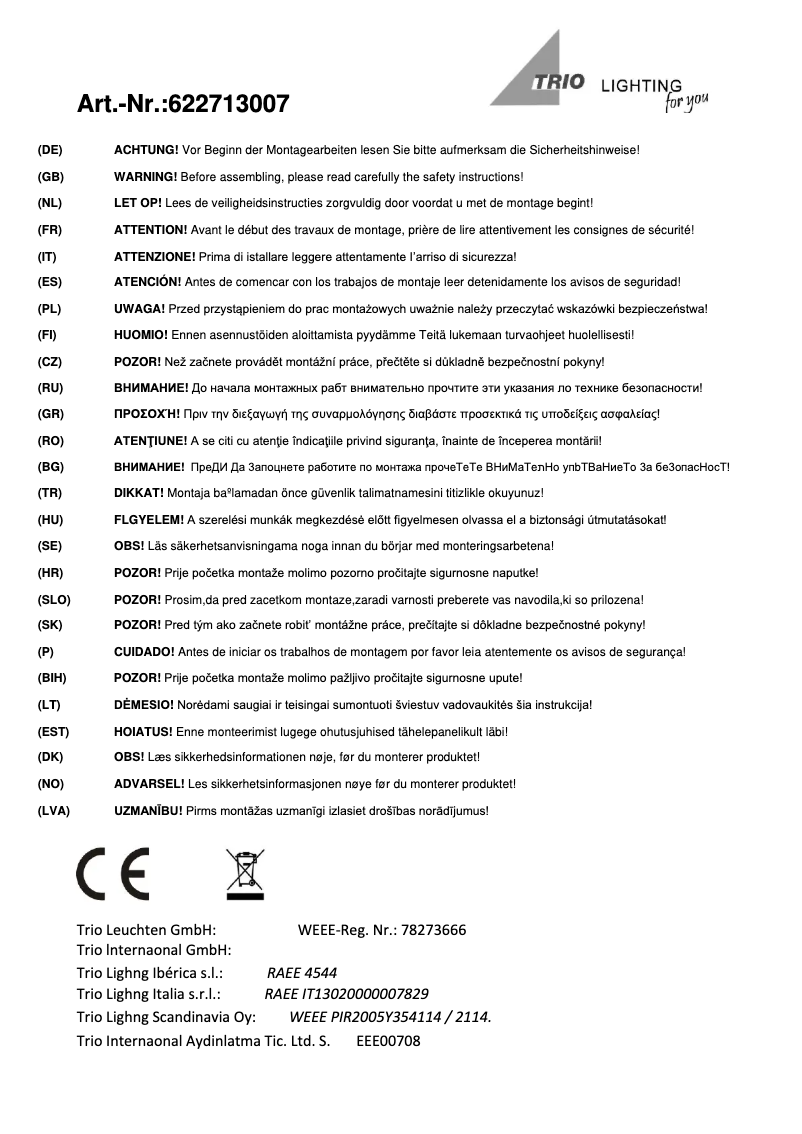 Page 1 de la notice Manuel utilisateur Trio Lighting Future 622713007
