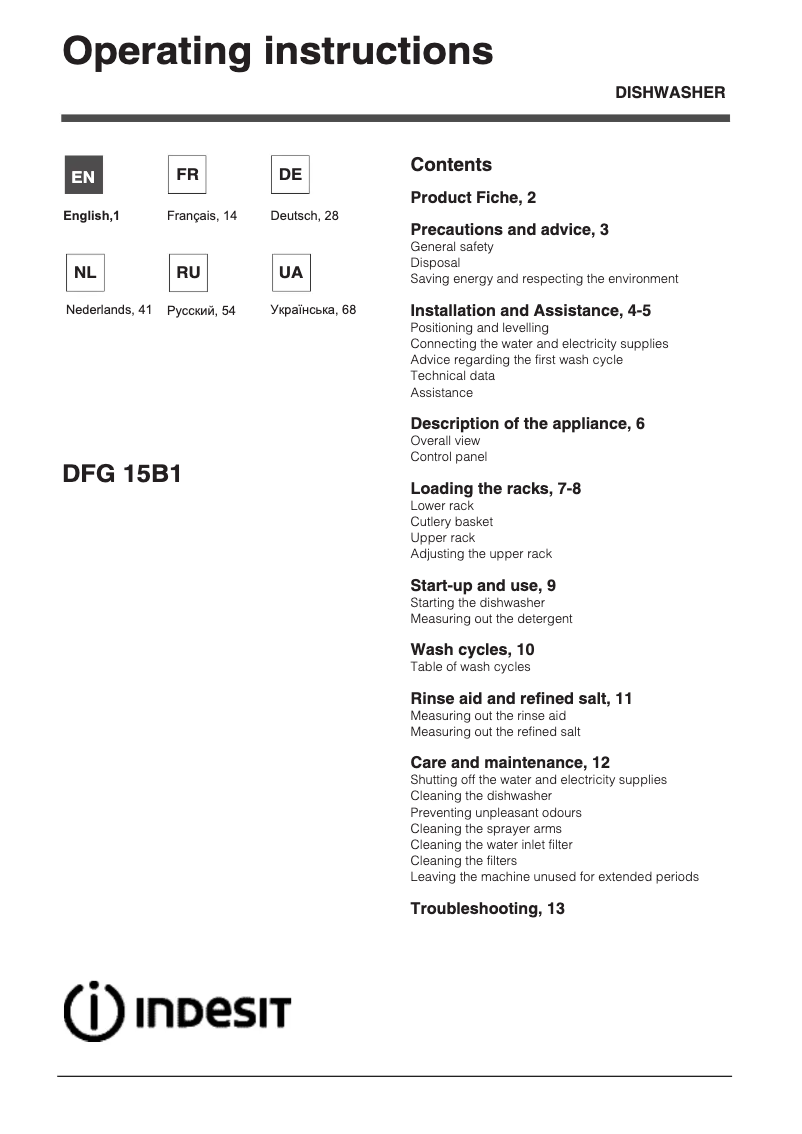 Page n°1 - Manuel utilisateur Indesit DFG 15B1 A EU