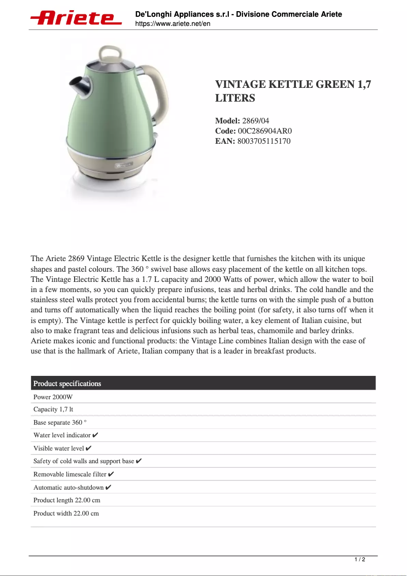 Page 1 of the manual Technical Sheet Ariete 2869