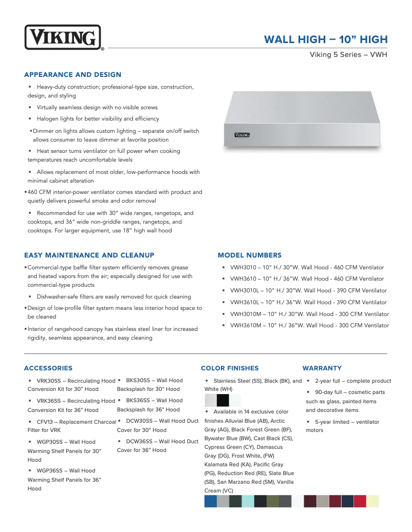 Page 1 de la notice Fiche technique Viking VWH3610RE