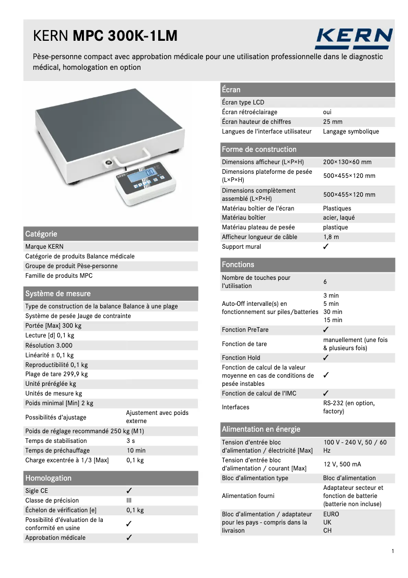 Page 1 de la notice Fiche technique Kern MPC 300K-1LM