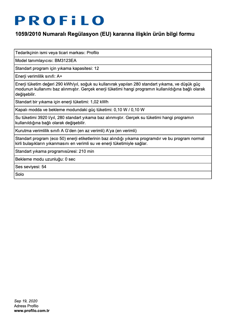 Page 1 de la notice Label énergétique Profilo BM3123EA