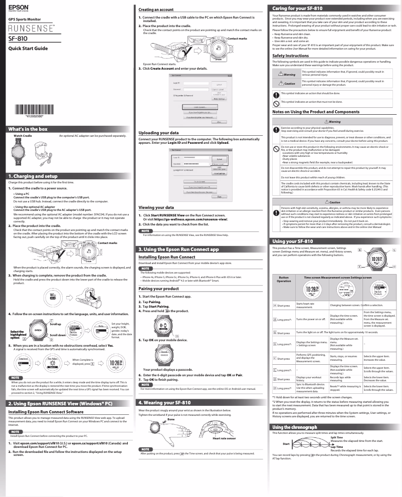 Page 1 of the manual Quick Start Guide Epson Runsense SF-810