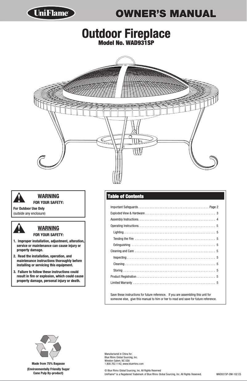 Page 1 de la notice Manuel utilisateur Blue Rhino WAD931SP