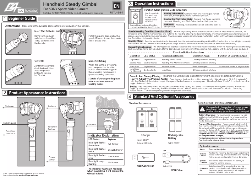 Page 1 de la notice Manuel utilisateur FeiyuTech 3 Axis Handheld Gimbal