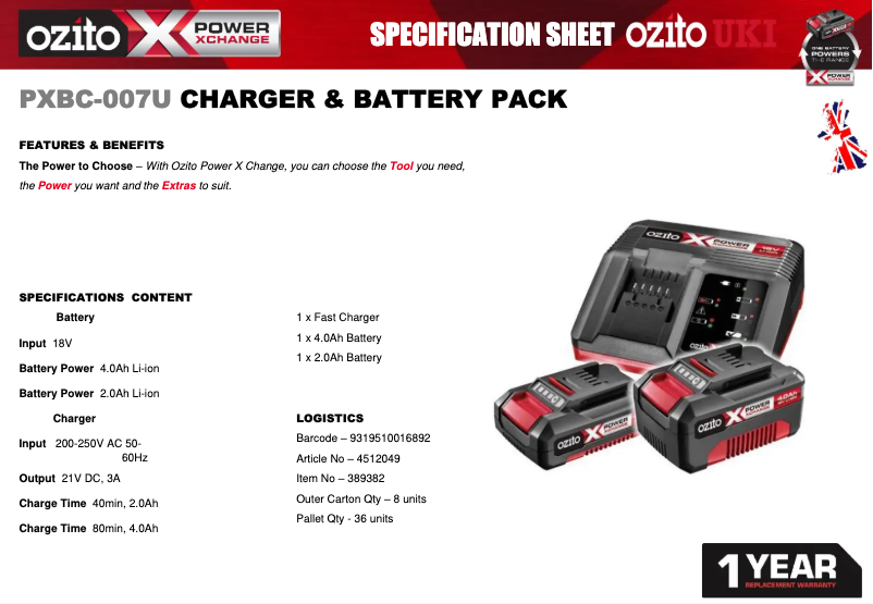 Page 1 de la notice Fiche technique Ozito PXBC-007U